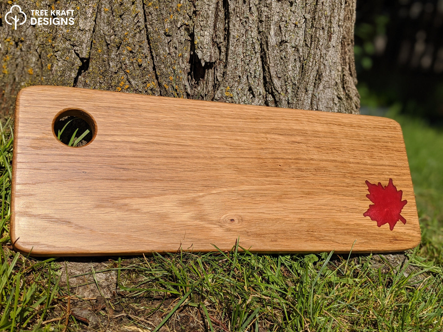 Reclaimed Oak with Rustic Red Maple Leaf Epoxy Inlay (rounded)