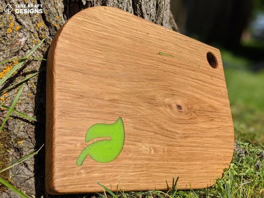 Leaf Shaped Serving Board with Green Apple Leaf Epoxy Inlay (Reclaimed Oak) I