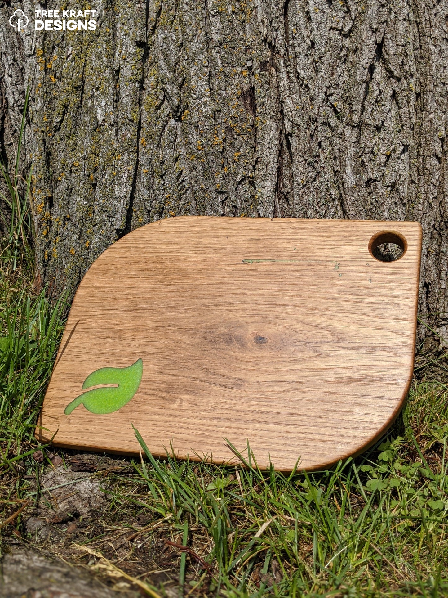 Leaf Shaped Serving Board with Green Apple Leaf Epoxy Inlay (Reclaimed Oak) I