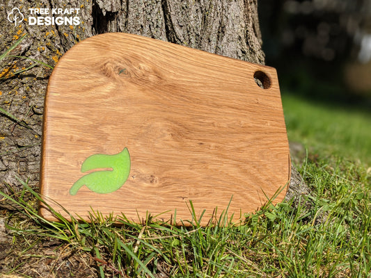 Leaf Shaped Serving Board with Green Apple Leaf Epoxy Inlay (Reclaimed Oak) II