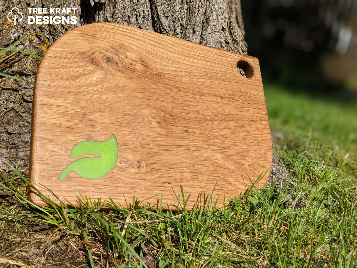 Leaf Shaped Serving Board with Green Apple Leaf Epoxy Inlay (Reclaimed Oak) II