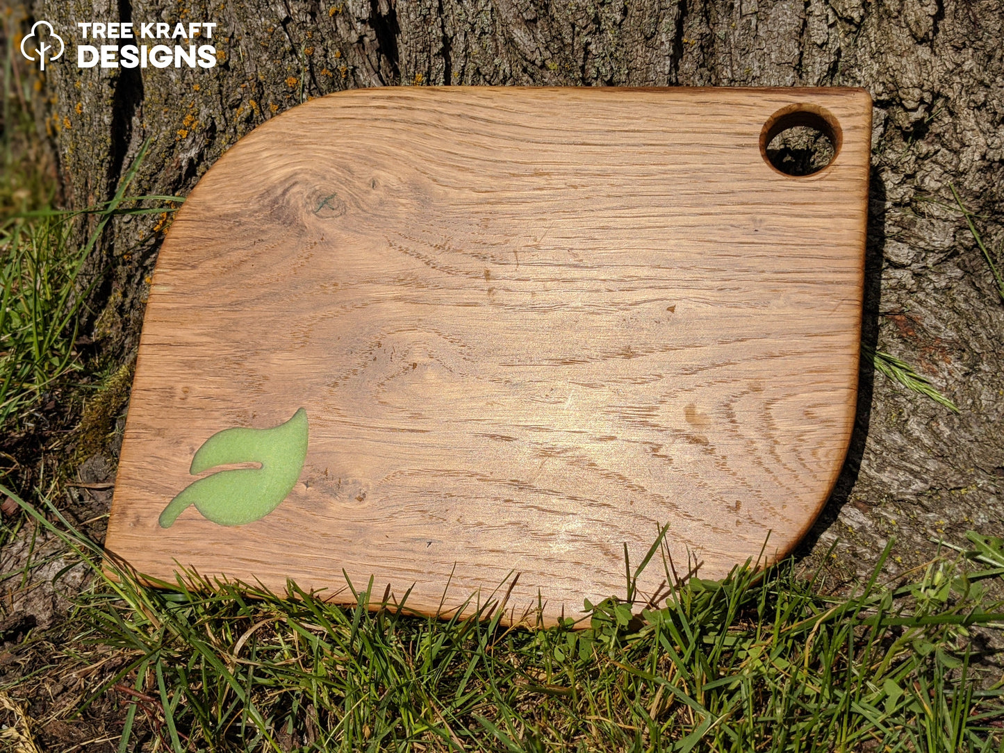 Leaf Shaped Serving Board with Green Apple Leaf Epoxy Inlay (Reclaimed Oak) II