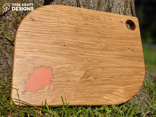 Leaf Shaped Serving Board with Orange Oak Leaf Epoxy Inlay (Reclaimed Oak)