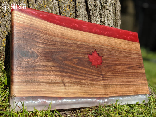 Dark Walnut with Red & White Epoxy with a Rustic Red Maple Leaf Epoxy Inlay