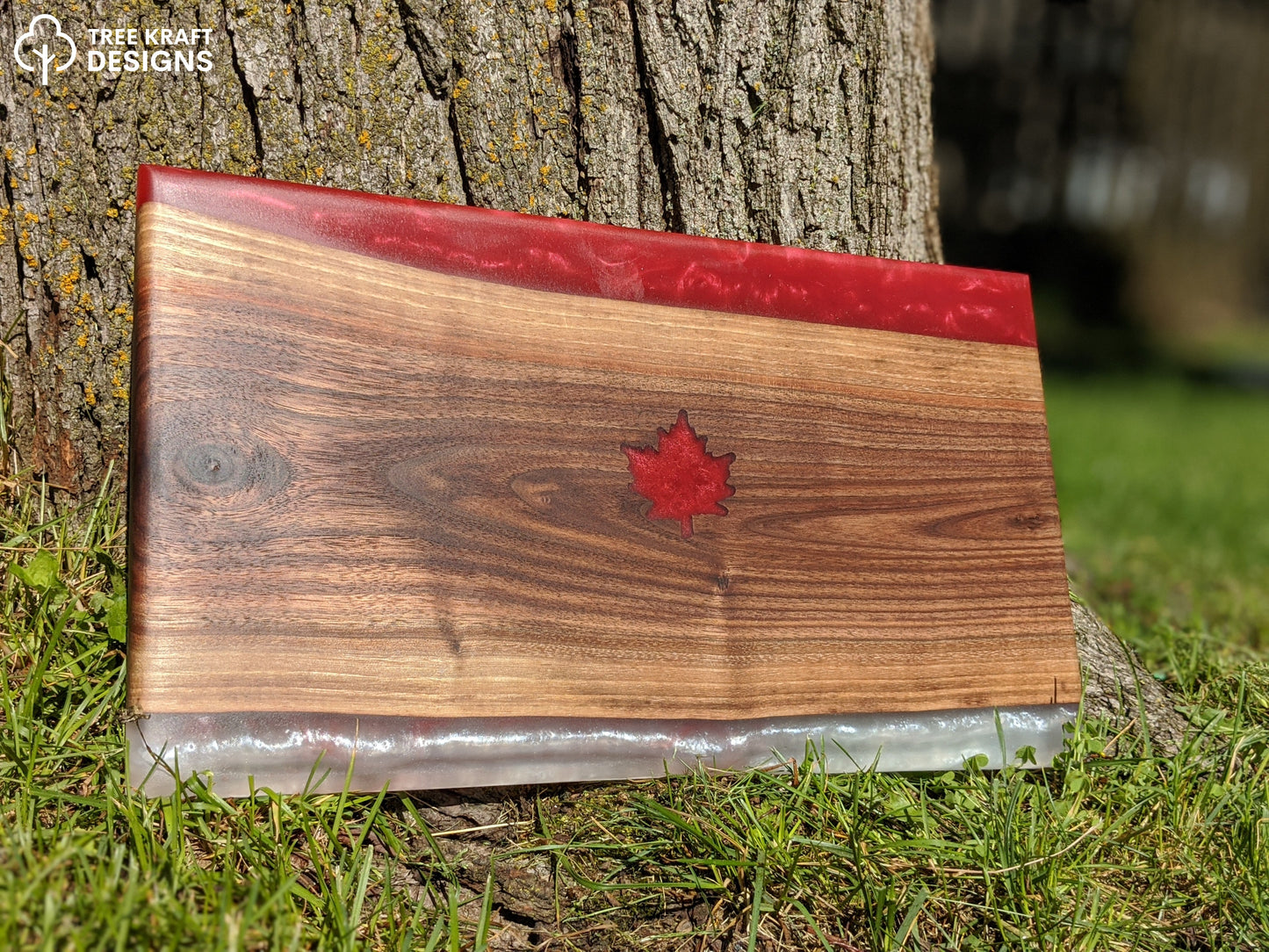 Dark Walnut with Red & White Epoxy with a Rustic Red Maple Leaf Epoxy Inlay