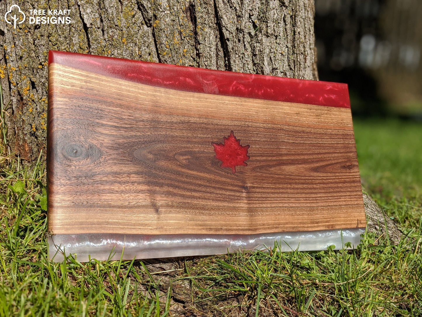 Dark Walnut with Red & White Epoxy with a Rustic Red Maple Leaf Epoxy Inlay