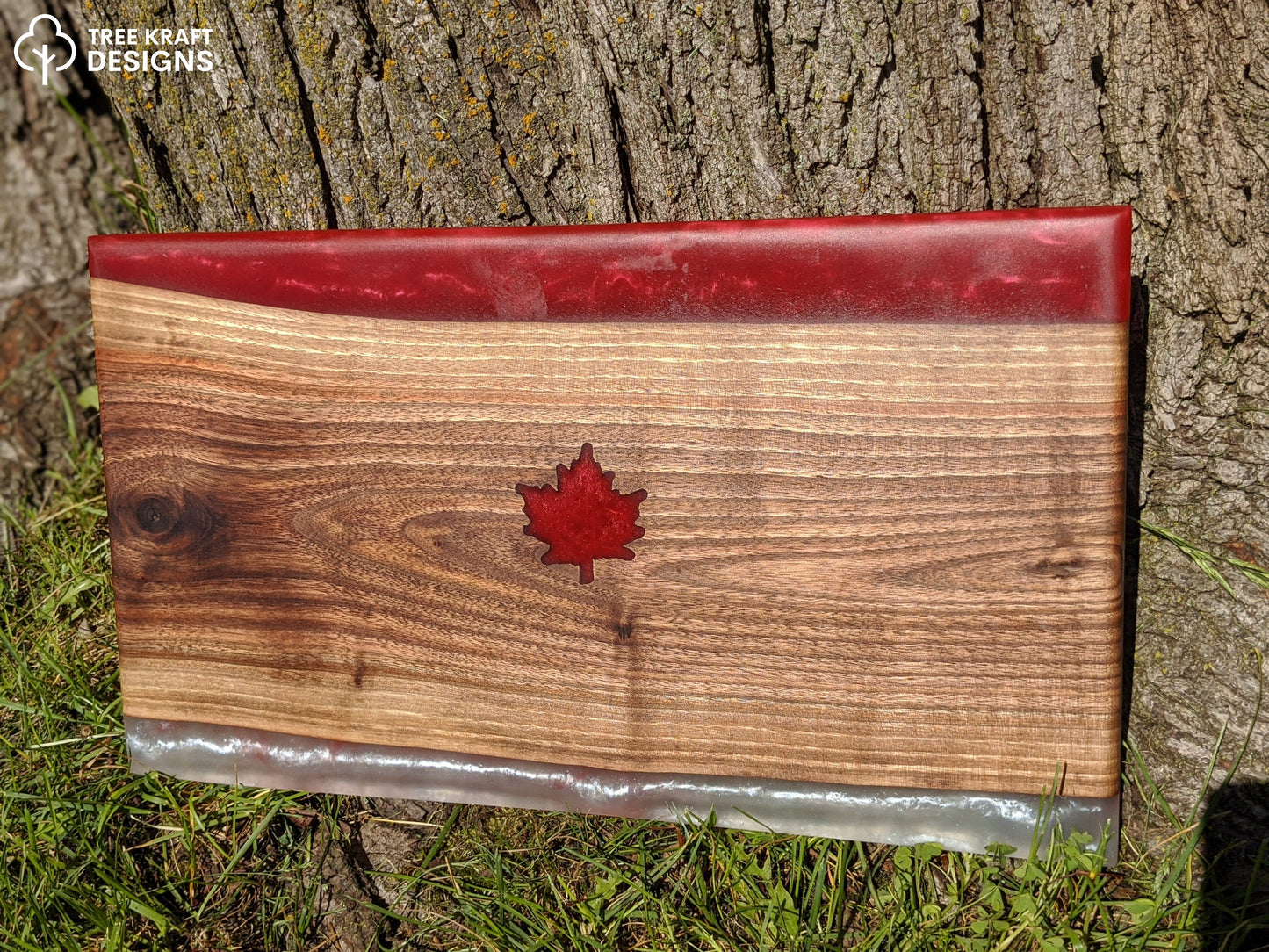 Dark Walnut with Red & White Epoxy with a Rustic Red Maple Leaf Epoxy Inlay